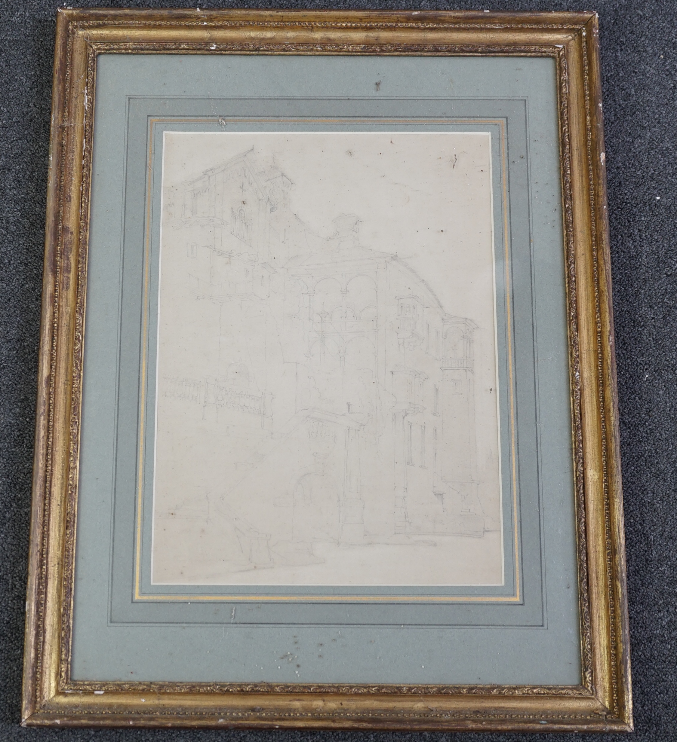 Attributed to John Frederick Lewis RA (1805-1876) pencil drawing, Study of the facade of a cathedral in Spain, possibly Santiago de Compostela, 39.5 x 29cm. Condition - fair